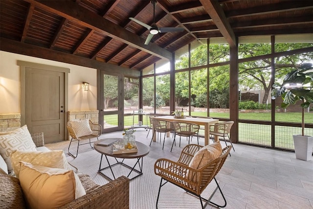 5517 Woodview Ave, Austin, TX 78756 - sunroom featuring beamed ceiling, ceiling fan, an outdoor living space, and outdoor dining area