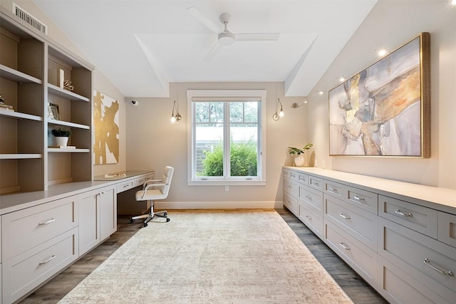 5517 Woodview Ave, Austin, TX 78756 - office area featuring ceiling fan, visible vents, built in study area, baseboards, and dark wood-type flooring