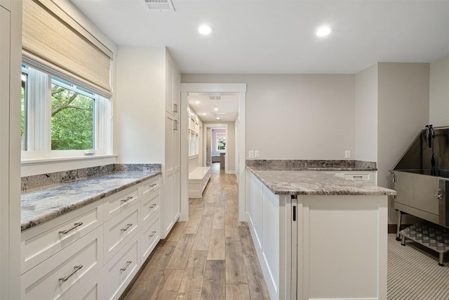 5517 Woodview Ave, Austin, TX 78756 - kitchen featuring light stone countertops, light wood-type flooring, white cabinets, a peninsula, and recessed lighting