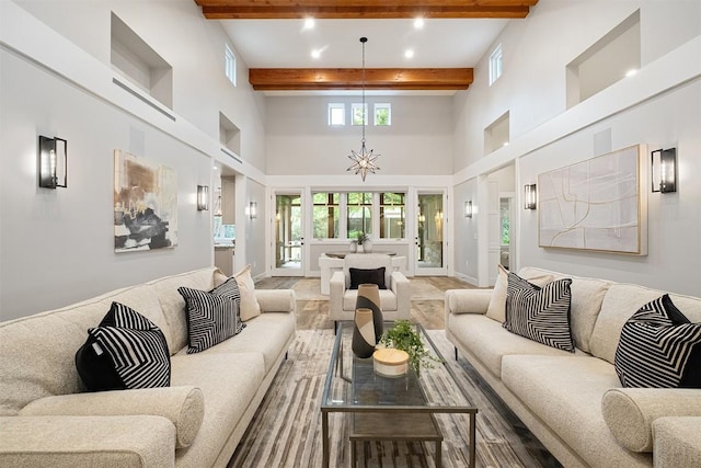 5517 Woodview Ave, Austin, TX 78756 - living area featuring recessed lighting, a high ceiling, visible vents, and beamed ceiling
