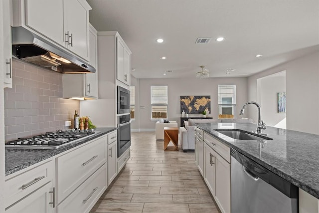 kitchen featuring appliances with stainless steel finishes, a sink, tasteful backsplash, under cabinet range hood, and visible vents