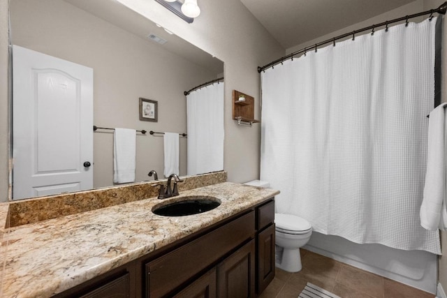 bathroom with tile patterned flooring, shower / tub combo, toilet, and vanity