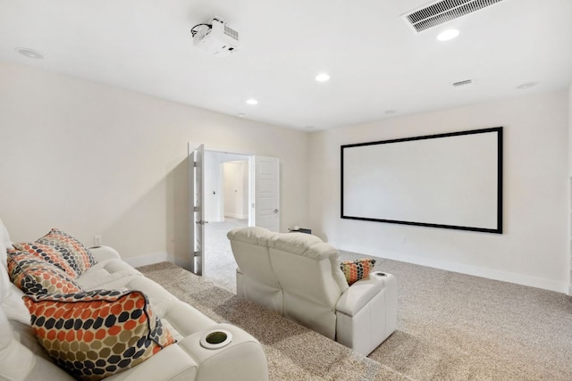 carpeted home theater with baseboards, recessed lighting, and visible vents