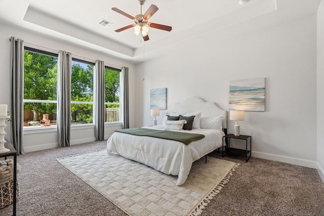 14108 Laurinburg Dr, Austin, TX 78717 - bedroom featuring a raised ceiling, carpet flooring, and a ceiling fan