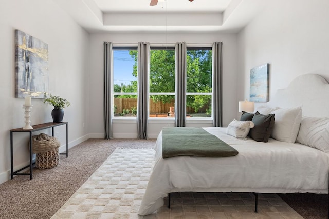 14108 Laurinburg Dr, Austin, TX 78717 - bedroom featuring a raised ceiling, carpet, and a ceiling fan
