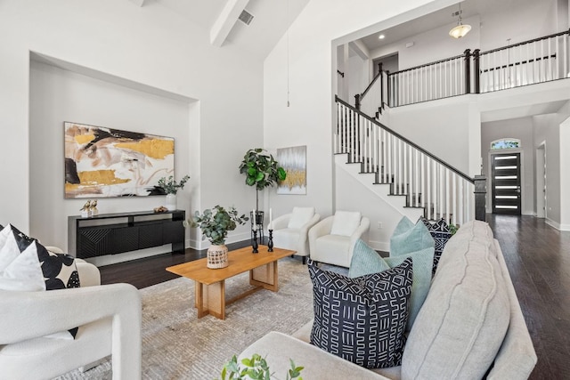 14108 Laurinburg Dr, Austin, TX 78717 - living area featuring high vaulted ceiling, wood finished floors, stairs, beamed ceiling, and recessed lighting