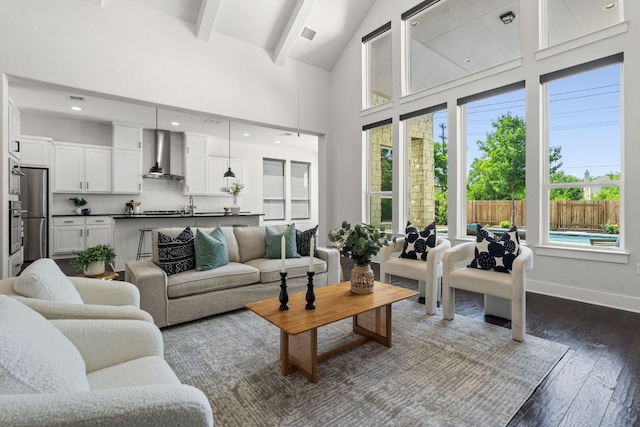 14108 Laurinburg Dr, Austin, TX 78717 - living room featuring plenty of natural light, dark wood finished floors, beamed ceiling, and high vaulted ceiling