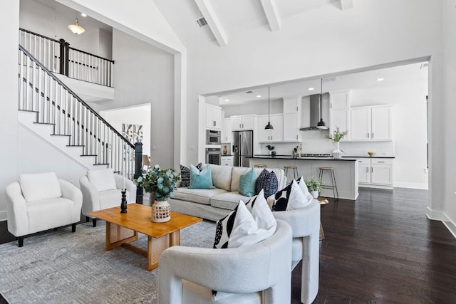 14108 Laurinburg Dr, Austin, TX 78717 - living room featuring high vaulted ceiling, dark wood-style floors, beamed ceiling, stairway, and recessed lighting