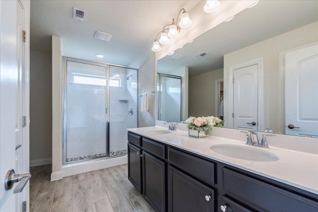 3209 Maysillee St, Austin, TX 78728 - bathroom featuring double vanity, visible vents, a sink, and a stall shower