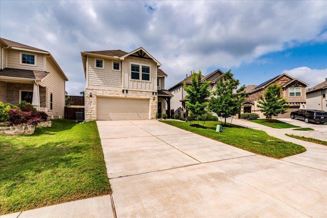 craftsman-style house featuring a garage, a front lawn, stone siding, board and batten siding, and concrete driveway