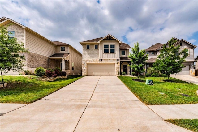 3209 Maysillee St, Austin, TX 78728 - craftsman-style house with an attached garage, concrete driveway, a front lawn, and stone siding