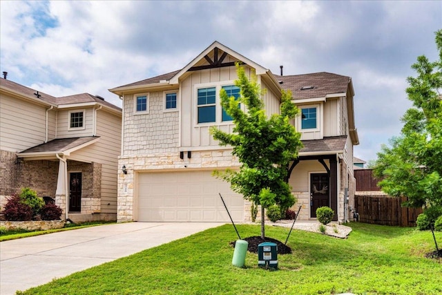 3209 Maysillee St, Austin, TX 78728 - craftsman-style house featuring board and batten siding, fence, concrete driveway, an attached garage, and stone siding