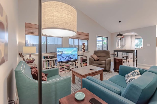 living room featuring baseboards, arched walkways, lofted ceiling, and a wealth of natural light