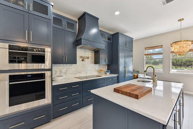 kitchen featuring black electric cooktop, a sink, premium range hood, built in refrigerator, and double oven