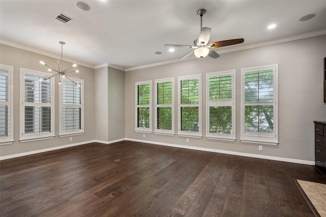 unfurnished living room with crown molding, ceiling fan with notable chandelier, baseboards, dark wood-type flooring, and visible vents