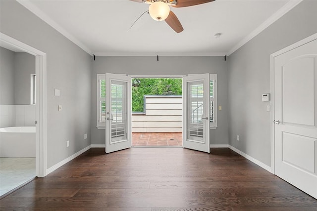 entryway with french doors, a ceiling fan, and dark wood-style floors