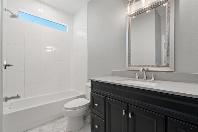full bathroom featuring shower / washtub combination, vanity, toilet, marble finish floor, and a textured wall
