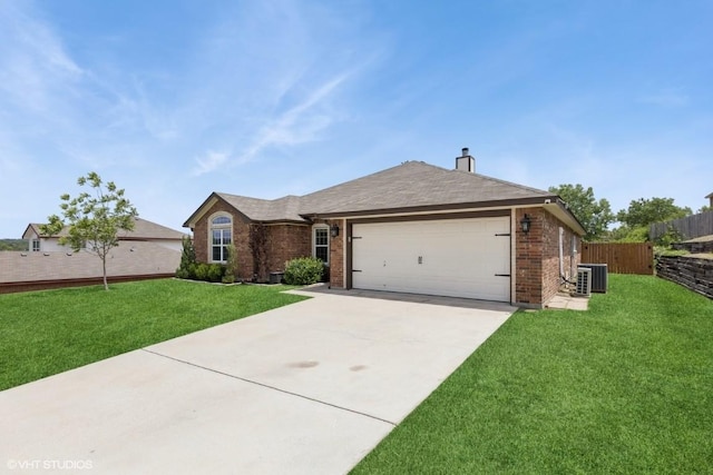 single story home featuring a front lawn, fence, brick siding, central air condition unit, and driveway