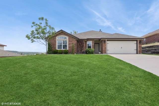 ranch-style home featuring an attached garage, a front lawn, brick siding, and concrete driveway