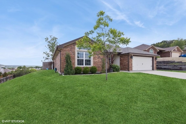 ranch-style home featuring brick siding, a garage, a front lawn, and driveway