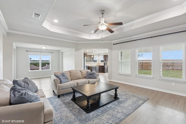 living room featuring ceiling fan, light wood finished floors, a raised ceiling, visible vents, and ornamental molding