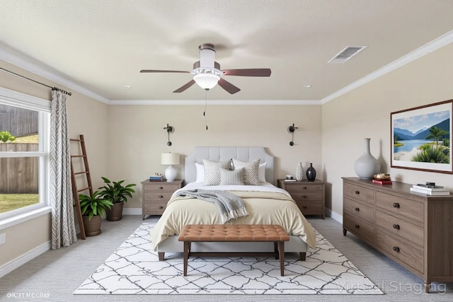 2403 Spirit Dancer Dr, Copperas Cove, TX 76522 - bedroom with light colored carpet, baseboards, ornamental molding, and a ceiling fan