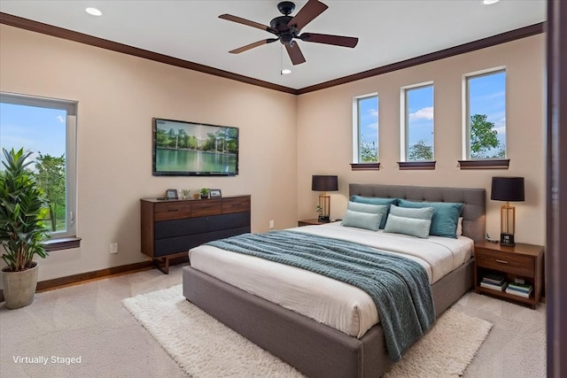 bedroom featuring light colored carpet, recessed lighting, and crown molding