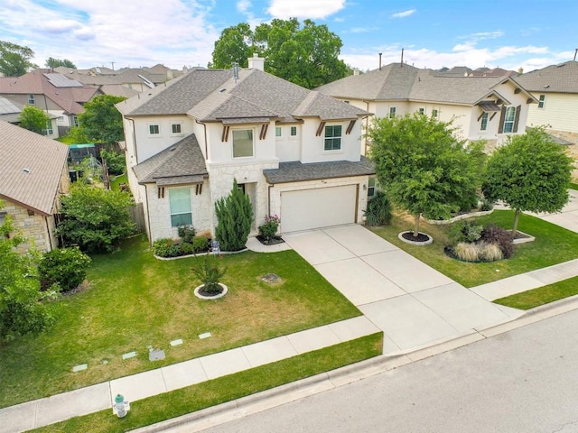 traditional home with stucco siding, stone siding, a residential view, and concrete driveway