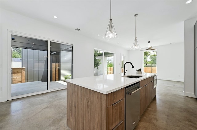 kitchen with stainless steel dishwasher, modern cabinets, a center island with sink, a sink, and concrete floors