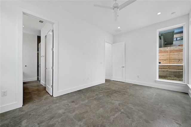 interior space featuring recessed lighting, ceiling fan, visible vents, and baseboards
