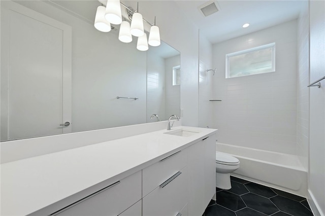 bathroom with visible vents, shower / tub combination, tile patterned floors, vanity, and toilet
