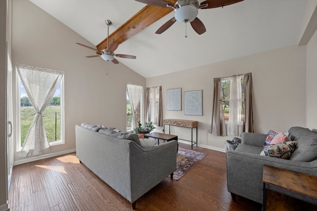 living area featuring ceiling fan, dark wood finished floors, high vaulted ceiling, baseboards, and beamed ceiling