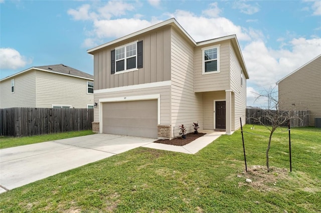 509 Peony Ct, Jarrell, TX 76537 - traditional-style home featuring fence, a garage, board and batten siding, a front yard, and concrete driveway