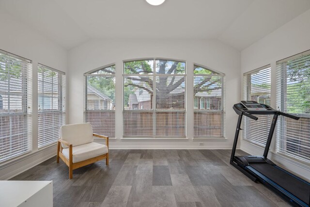 13305 Kinder Pass, Austin, TX 78727 - workout area with lofted ceiling, wood finished floors, and baseboards