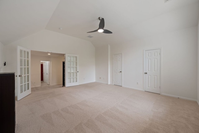 13305 Kinder Pass, Austin, TX 78727 - spare room featuring vaulted ceiling, french doors, a ceiling fan, light carpet, and baseboards