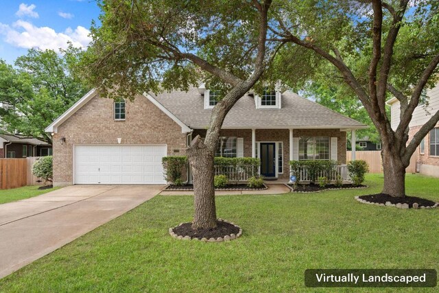 13305 Kinder Pass, Austin, TX 78727 - cape cod home featuring brick siding, driveway, a shingled roof, a garage, and covered porch