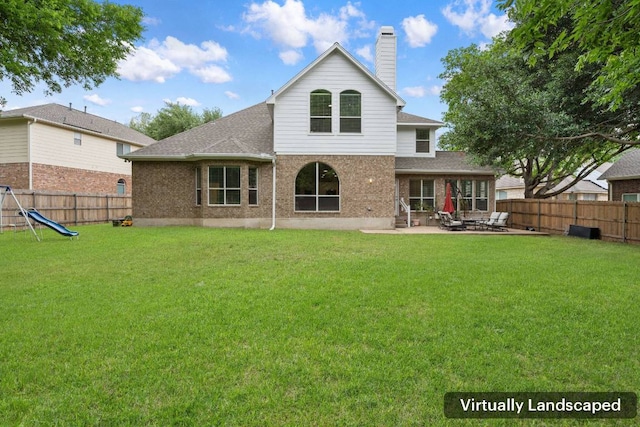 13305 Kinder Pass, Austin, TX 78727 - back of property featuring a patio, brick siding, a chimney, and a shingled roof