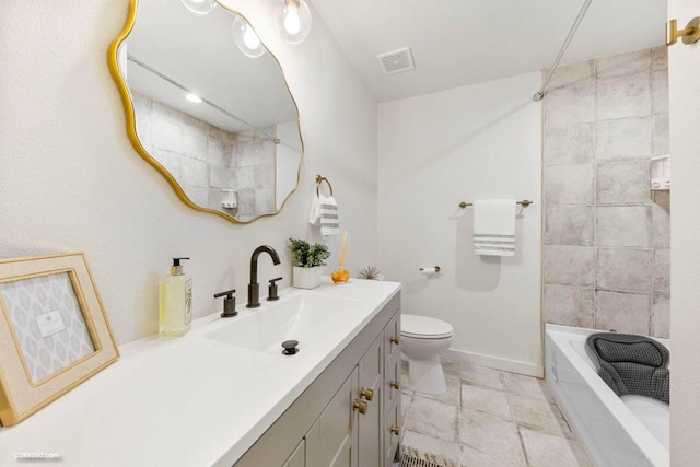 bathroom with bathtub / shower combination, vanity, toilet, baseboards, and visible vents
