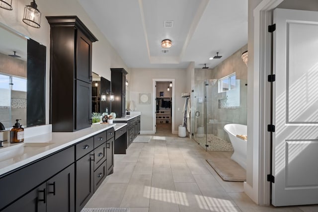 full bath with vanity, baseboards, a raised ceiling, a freestanding bath, and a shower stall