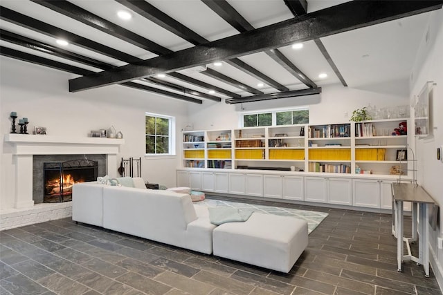 4203 Balcones Dr, Austin, TX 78731 - living area with beam ceiling, healthy amount of natural light, a warm lit fireplace, and recessed lighting