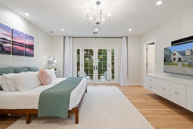 4203 Balcones Dr, Austin, TX 78731 - bedroom with access to exterior, light wood finished floors, recessed lighting, french doors, and a chandelier