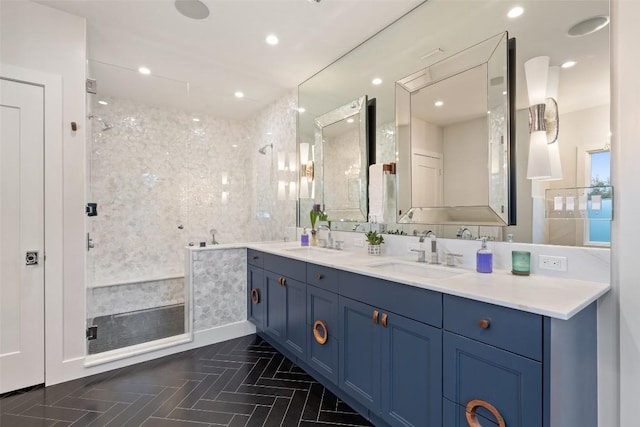 4203 Balcones Dr, Austin, TX 78731 - bathroom with double vanity, an enclosed shower, a bath, and recessed lighting