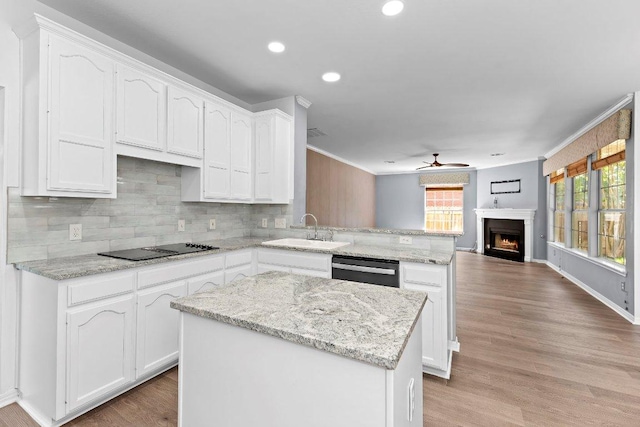 1809 Johnson Way, Round Rock, TX 78681 - kitchen featuring ornamental molding, ceiling fan, a sink, a peninsula, and white cabinets