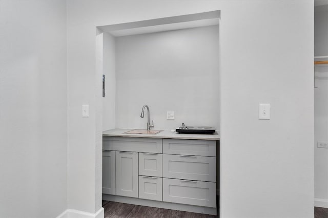 bar featuring baseboards, a sink, and dark wood-style floors