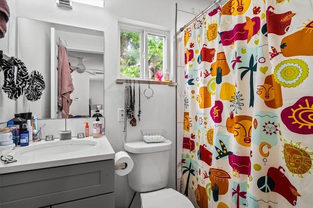 500 Capitol Dr Unit 1, Austin, TX 78753 - full bath featuring a shower with shower curtain, vanity, toilet, and a textured wall