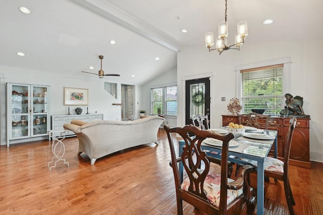 1185 Coleto St, Austin, TX 78702 - dining room with a chandelier, a ceiling fan, wood finished floors, and recessed lighting
