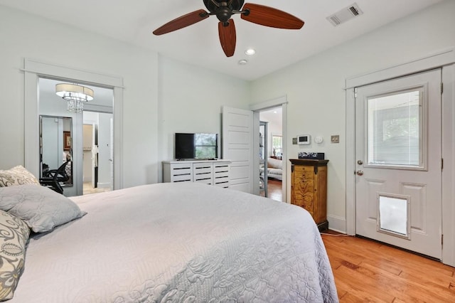 bedroom with light wood-style flooring, recessed lighting, a ceiling fan, and baseboards