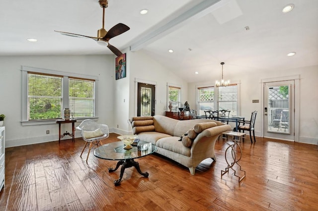 1185 Coleto St, Austin, TX 78702 - living area with plenty of natural light, wood-type flooring, a chandelier, ceiling fan, and recessed lighting