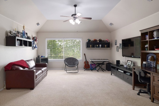 376 Sweet Gum Dr, Kyle, TX 78640 - living room with carpet floors, ceiling fan, vaulted ceiling, an office area, and baseboards