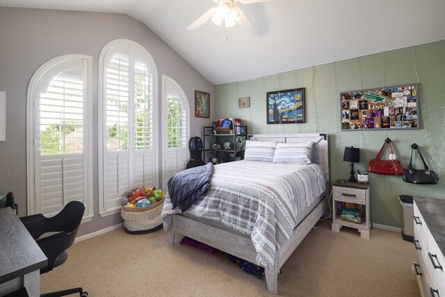 376 Sweet Gum Dr, Kyle, TX 78640 - carpeted bedroom with vaulted ceiling, baseboards, and ceiling fan